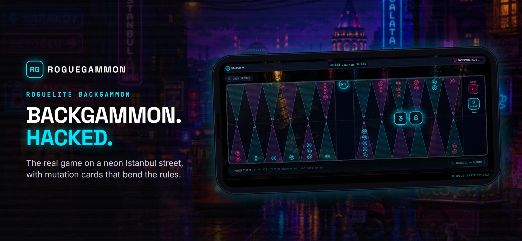 ROGUEGAMMON backgammon board in neon colours, with mutation cards that change the rules