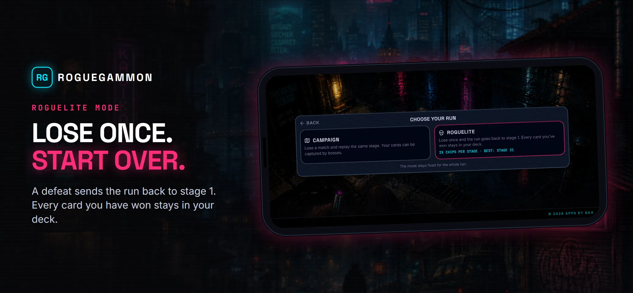 Roguelite mode, where losing a match sends the run back to stage 1